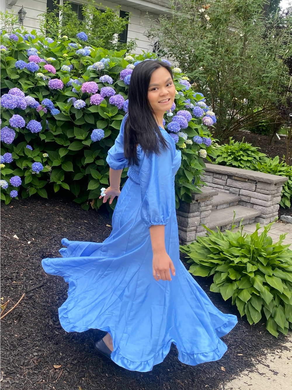 Hutch Twist Front Midi Dress in Sky Blue with 3/4 Puff-Sleeve - Picture 2 of 7